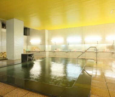 Spacious tiled indoor onsen bath with handrail, mirrors and warm lighting at Shiga Palace Hotel Nagano