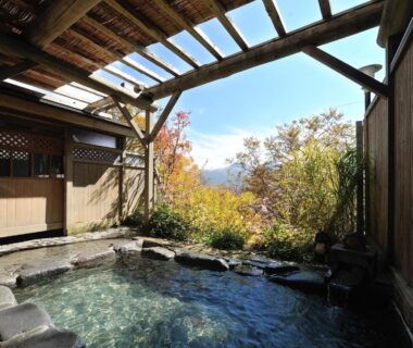 Partially covered stone onsen bath with wooden beams and distant mountain view at Shiga Park Hotel in Nagano