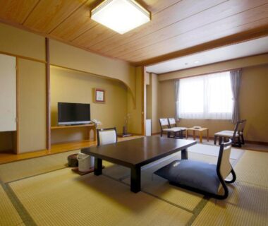 Traditional tatami room with low table, zaisu chairs, television and window at Shiga Park Hotel, Nagano