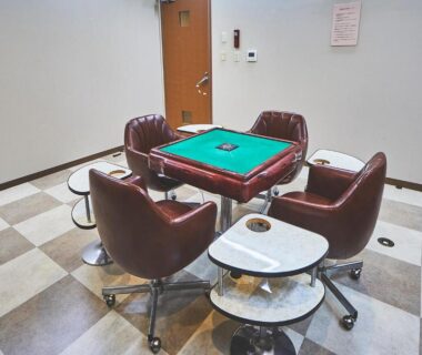 Mahjong table with four leather chairs at Shiki Resort Hakone Style, Kanagawa