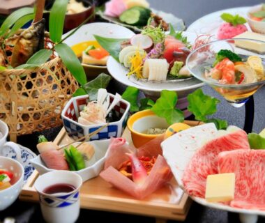 Assorted Japanese small dishes and marbled beef at Shikitei Morioka TsunagiOnsen Iwate Tōhoku