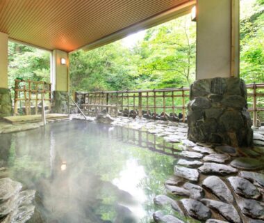 Steaming stone onsen bath under a wooden roof with lush garden view at Shikitei Morioka TsunagiOnsen, Iwate