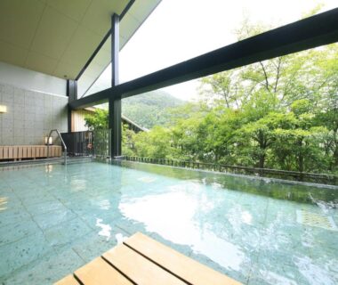 Indoor onsen bath with floor-to-ceiling windows overlooking forested hillside at Shimoda Central Hotel, Shizuoka