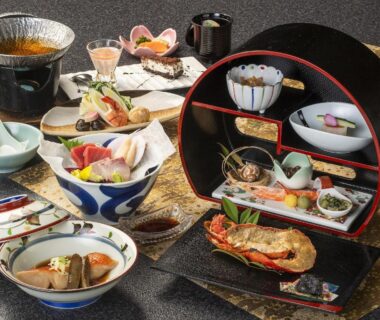 Assorted traditional multi-course Japanese meal on lacquerware at Shimoda Central Hotel in Shizuoka
