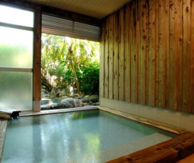 Indoor wooden onsen bath opening to a rock garden with lush greenery at Shimoda Kaihin Hotel, Shizuoka
