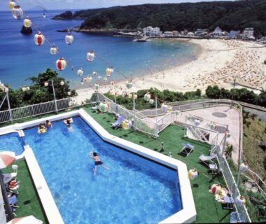 Outdoor pool overlooking sandy bay at Shimoda View Hotel, Shizuoka, Chūbu, Japan