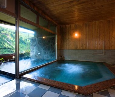 Indoor onsen bath with wooden walls and large window overlooking green hillside at Shinshiyo, Ōita
