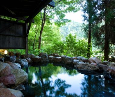Outdoor rock onsen framed by trees with wooden shelter at Shinshiyo, Ōita, Kyūshū