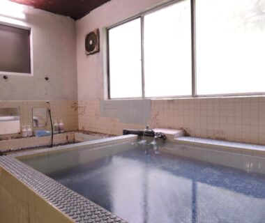 Tiled communal onsen bath with rectangular tub and frosted windows at Shintaku Sanso Nagano