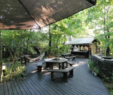 Outdoor wooden deck with picnic tables, hammock and shaded canopy at Shinwaen in Kumamoto, Kyūshū, Japan