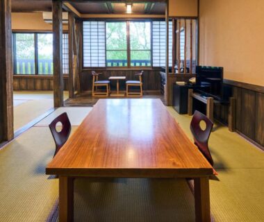 Traditional tatami room with low wooden table, shoji screens and windows overlooking greenery, Shinwaen, Kumamoto