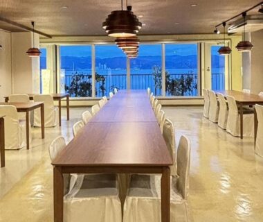 Communal dining area with sea view at Shinwaka Lodge, Wakayama, Kansai Japan