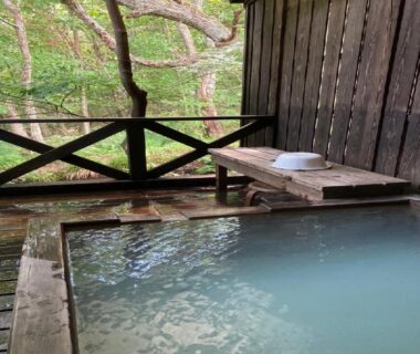 Wooden outdoor onsen bath on deck overlooking forest at Shinyu Onsen Kurikomaso Miyagi