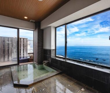 Indoor onsen bath overlooking the sea at Shinyu no Yado SAZANA, Shizuoka, Chūbu Japan
