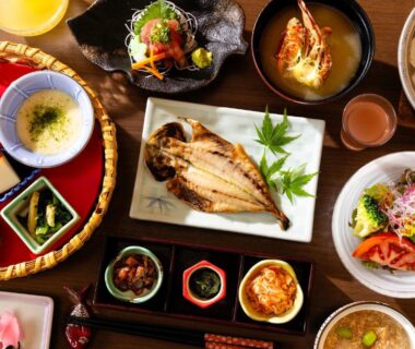Assorted traditional Japanese dishes at Shinyu no Yado in Shizuoka, Chūbu