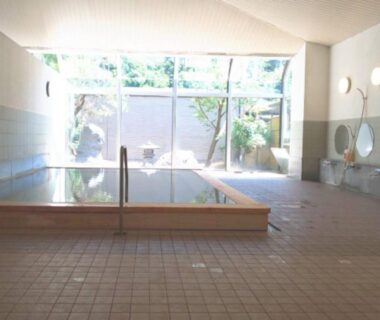 Indoor communal onsen bath with tiled floor and glass garden window at Shiobara Onsen Hotel Ohruri, Tochigi