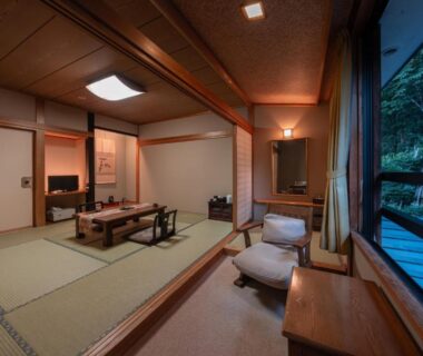 Traditional tatami room with low table and veranda overlooking forest at ShirabuOnsen Higashiya, Yamagata Tōhoku