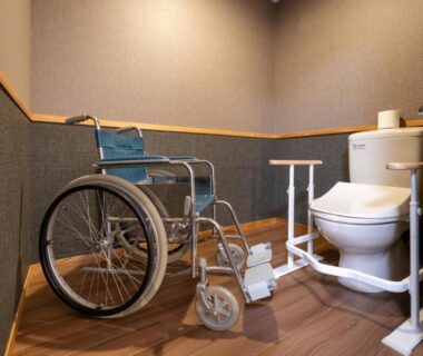Wheelchair accessible bathroom with toilet, grab bars and support frame at ShirabuOnsen Higashiya in Yamagata, Tōhoku