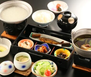 Assorted traditional Japanese set meal served in lacquer trays at Shirafune Grand Hotel, Nagano, Chūbu region