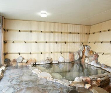 Stone-lined indoor onsen bath with rock edging and tiled walls at Shirahama Onsen Kisyu Hanto, Wakayama