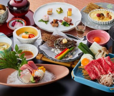 Assorted Japanese dishes including sashimi and thinly sliced beef at Shiraraso Grand Hotel, Wakayama, Japan