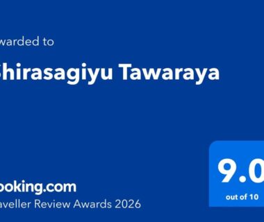 Booking.com Traveller Review Award 2026 for Shirasagiyu Tawaraya showing 9.0 rating on blue background