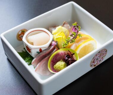 Assorted sashimi in ceramic box at Shirayunoyado Yamadaya Hakone Gora, Kanagawa