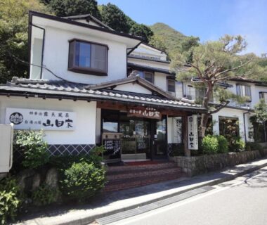 Exterior of Shirayunoyado Yamadaya with tiled roof, entrance steps and mountain backdrop in Hakone, Kanagawa