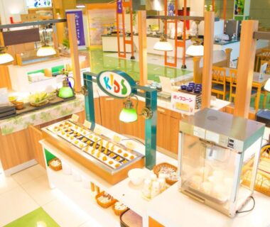 Bright buffet dining area with kids station and food displays at Shiretoko Daiichi Hotel, Hokkaidō