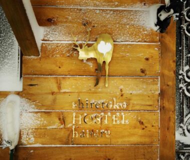 Snow-dusted wooden entrance mat with small deer ornament, Shiretoko Village, Hokkaidō, Japan