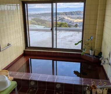 Tiled indoor soaking tub with window view at Shiroyama Ryokan, Nara, Kansai