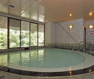 Circular tiled indoor onsen bath with large windows overlooking garden at Shiunso, Kanagawa
