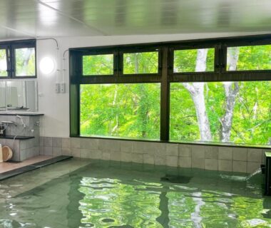 Tiled indoor onsen bath at Shizukatei with large windows overlooking lush green trees in Iwate, Tōhoku