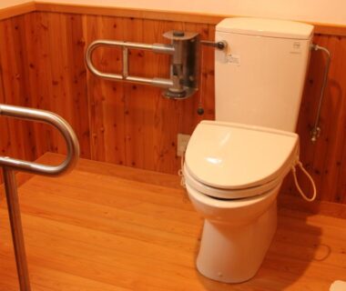 Toilet with metal grab bars, wooden wall panels and flooring in an accessible bathroom at Shokinkan, Kumamoto