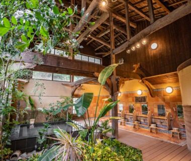 Indoor garden lounge with plants and wooden seating at Shorenkan Yoshinoya, Kyoto Kansai