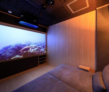 Low light screening lounge with sofa and large projector screen at Shouhakutei Azumaso, Yamagata Tohoku Japan