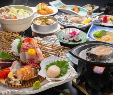 Assorted seafood and small dishes served at Simamegurinoyado Sakai in Miyagi, Tōhoku