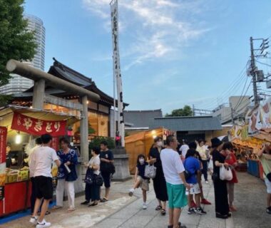 Crowded shrine approach with food stalls and visitors near Sky Tree INN II, Tokyo, Kantō, Japan