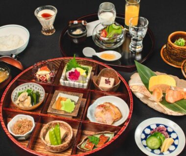 Lacquer tray with assorted small dishes, rice and pickles at Sora Niwa Terrace Kyoto Bettei, Kyoto