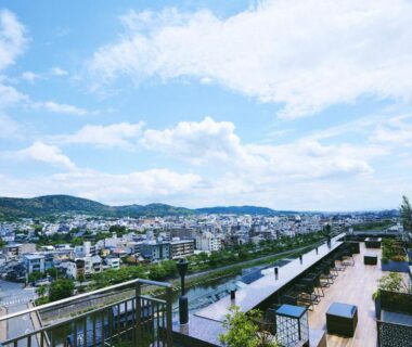 Rooftop wooden terrace at Sora Niwa Terrace Kyoto overlooking river and city skyline