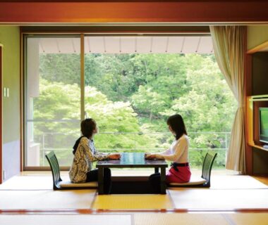 Two guests at low table in tatami room overlooking lush garden at Sora Togetsusoukinryu, Shizuoka