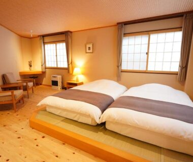 Twin beds on raised platform in Soumeian room, Gunma, Kantō, Japan