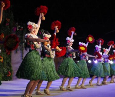 Line of hula dancers in grass skirts and floral headpieces performing on stage at Spa Resort Hawaiians in Fukushima