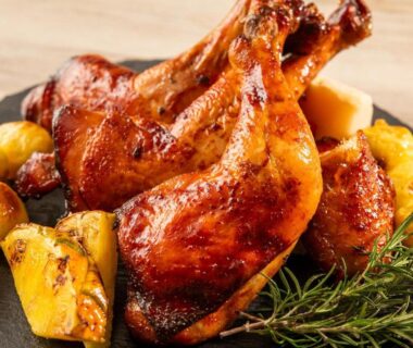 Roasted chicken legs with potatoes and rosemary served at Spa Resort Hawaiians Monolith Tower, Fukushima, Tohoku