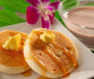 Pancakes with butter and syrup, orchid garnish, Spa Resort Hawaiians Monolith Tower Fukushima Tohoku