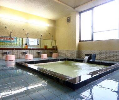 Communal tiled onsen bath with wash stations at Sports Plaza Shiki Haradaso, Niigata, Chūbu, Japan