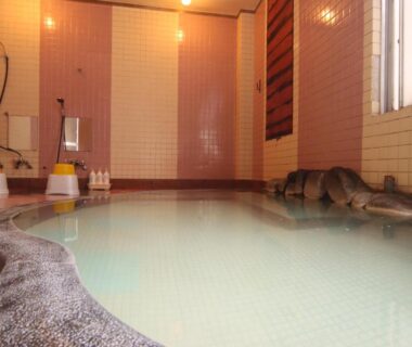 Tiled indoor onsen bath with stone edging, stools and shower area at Star Hotel Akakura, Niigata