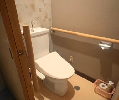 Compact toilet with wooden handrail, washlet controls and toiletries basket in Suehirokan bathroom, Niigata
