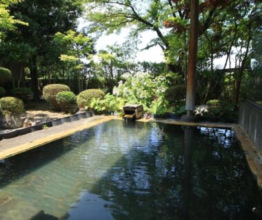 Stone-lined outdoor onsen bath framed by trees and manicured shrubs at Suehirokan, Niigata