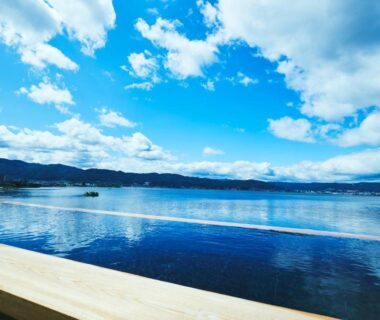 Lakeside view from wooden railing at Sui Suwako in Nagano, Chūbu